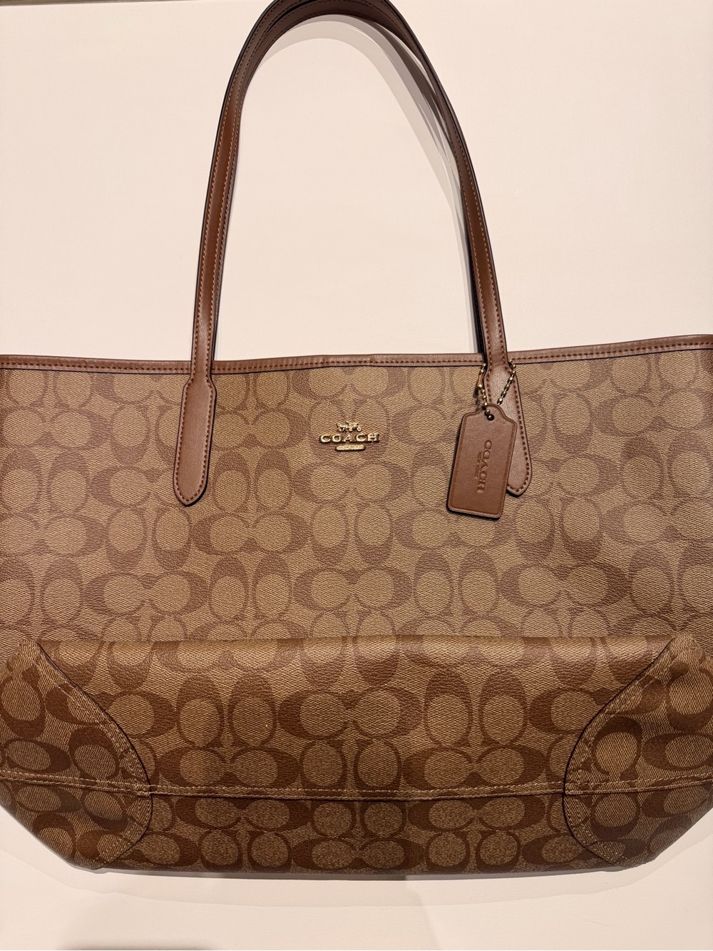 Coach Tan/Brown Signature Canvas Tote with Leather Trim